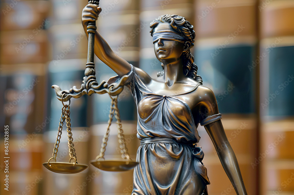 close up of Legal and law concept statue of Lady Justice with scales with books in background close up of Legal and law concept statue of Lady Justice with scales with books in background
