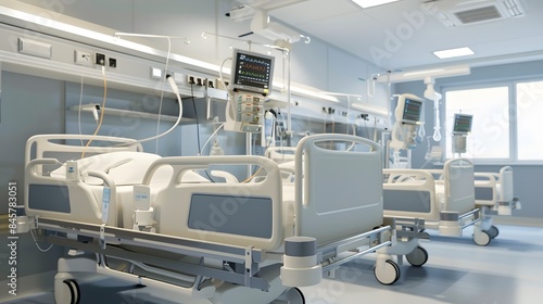 Modern ICU with advanced patient monitoring and neatly arranged medical beds