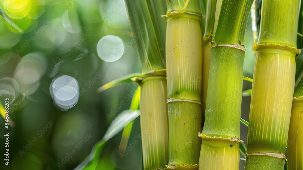 Fototapeta premium This image showcases a close-up view of vibrant green bamboo stalks with a softly blurred background, highlighting the texture and patterns