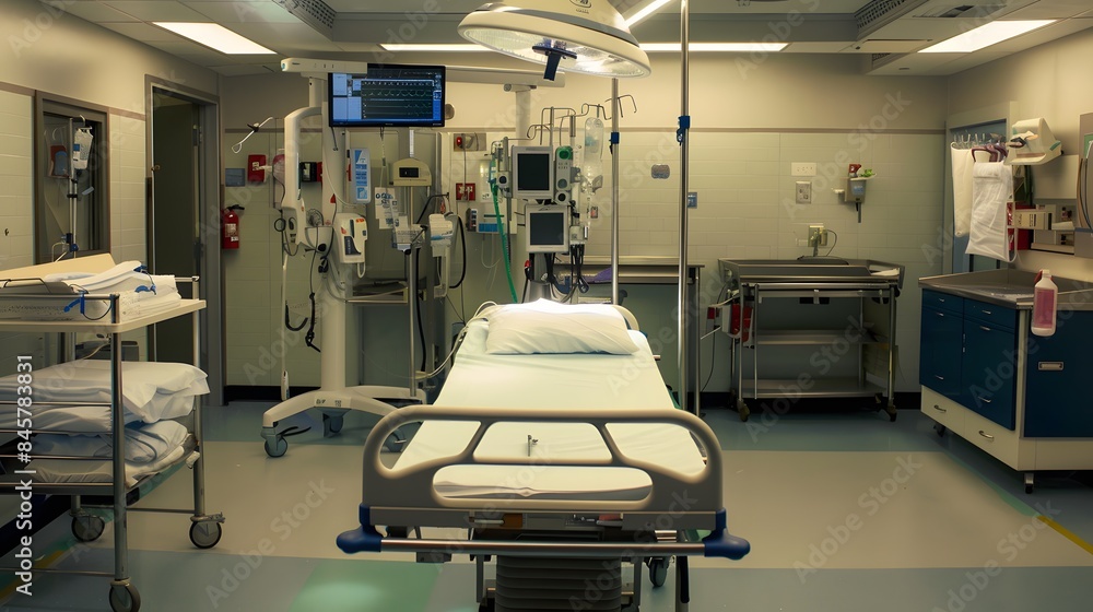 Sterile, well-equipped hospital room with advanced medical equipment and a ready bed for surgery Sterile, well-equipped hospital room with advanced medical equipment and a ready bed for surgery