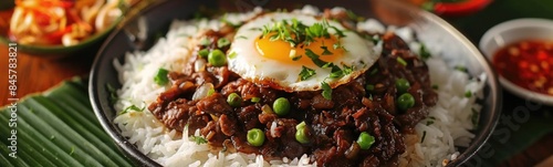 Plate of rice with meat and an egg on top, filipino recipes, food background 
