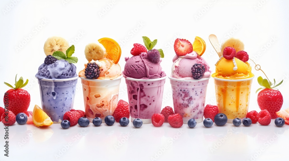 Large assortment of ice cream, gelatto with fruits and berries. Various flavors isolated on a white background, copy space, banner, advertising. Trendy creative summer food concept design. Large assortment of ice cream, gelatto with fruits and berries. Various flavors isolated on a white background, copy space, banner, advertising. Trendy creative summer food concept design.