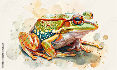 Bright colorful frog illustration. Vibrant watercolor amphibian painting photo