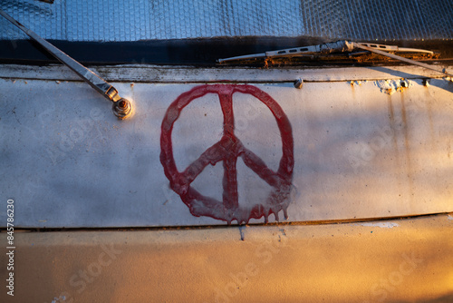 Peace sign spray painted on a minus vehicle