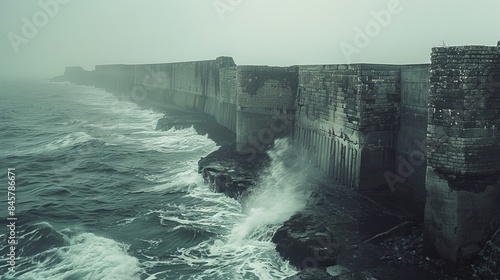 Formidable brutalist coastal defense resists the relentless forces of the turbulent ocean waves