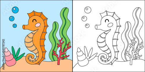 Cute cartoon seahorse character. Undersea, marine life illustration. Sea animals coloring pages isolated on white background.