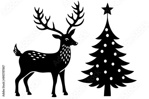 reindeer Christmas tree silhouette vector illustration 