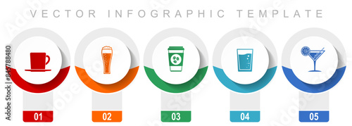 Drinks icon set, miscellaneous vector icons such as cup, glass and drink, modern design infographic template, web buttons in 5 color options