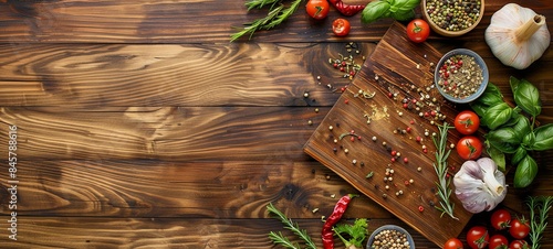 Cooking background with cutting board, spices, herbs and vegetables on a wooden kitchen table. Top view with copy space