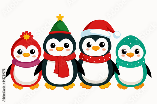  Christmas four cute penguin vector illustration