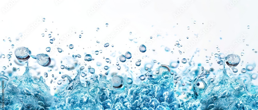 Water and air bubbles float gracefully over a pristine white background, creating a fresh, clean look Water and air bubbles float gracefully over a pristine white background, creating a fresh, clean look