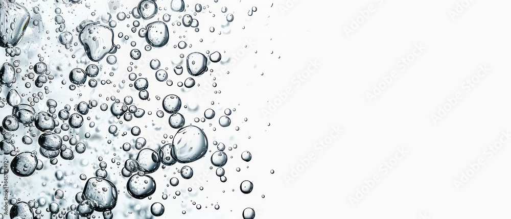 Water and air bubbles float gracefully over a pristine white background, creating a fresh, clean look Water and air bubbles float gracefully over a pristine white background, creating a fresh, clean look