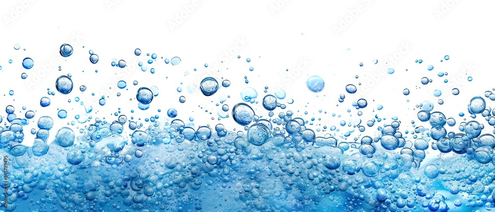 Water and air bubbles float gracefully over a pristine white background, creating a fresh, clean look Water and air bubbles float gracefully over a pristine white background, creating a fresh, clean look