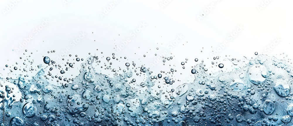 Water and air bubbles float gracefully over a pristine white background, creating a fresh, clean look Water and air bubbles float gracefully over a pristine white background, creating a fresh, clean look