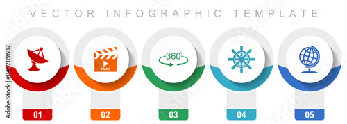 Communication icon set, miscellaneous vector icons such as satellite antenna, cinema, 360 degree, ship wheel and globe, modern design infographic template, web buttons in 5 color options