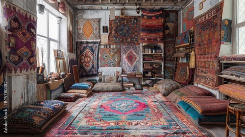 Vibrant art studio with colorful tapestries, diverse decor, and creative chaos for inspiration