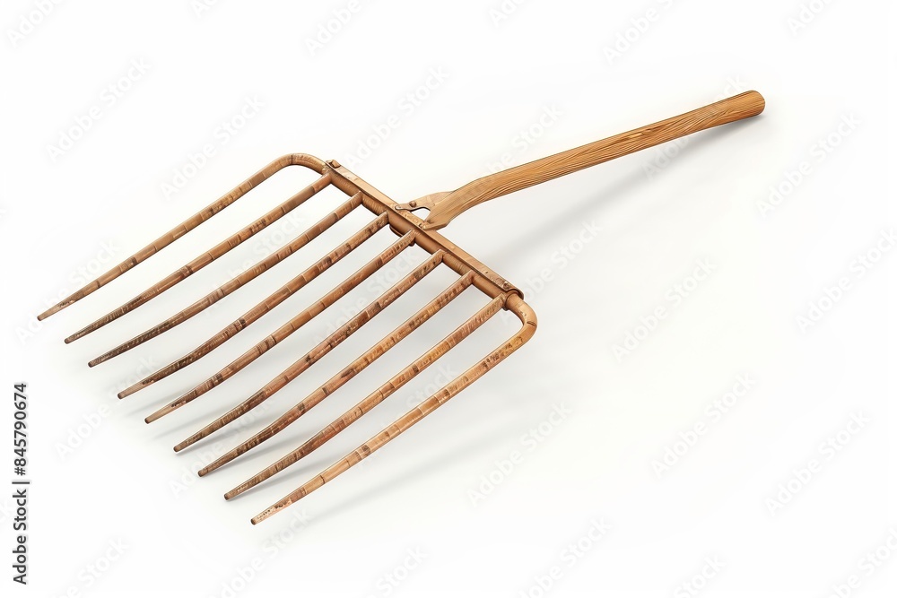 Close-up of a wooden pitchfork with nine tines on a white background. Classic gardening tool. Perfect for agricultural use. Ideal for cleaning stalls and moving hay. Generative AI Close-up of a wooden pitchfork with nine tines on a white background. Classic gardening tool. Perfect for agricultural use. Ideal for cleaning stalls and moving hay. Generative AI