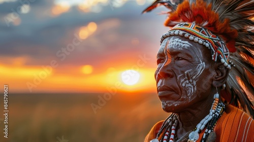 African tribal chief in traditional attire with feather headdress on savannah at sunset photo