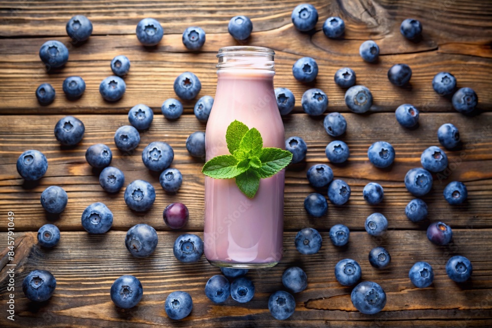 Overhead view of blueberries arranged around a bottle of blueberry yogurt on a wooden table Overhead view of blueberries arranged around a bottle of blueberry yogurt on a wooden table