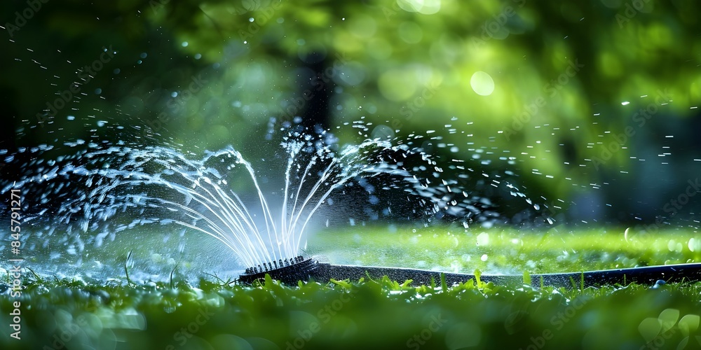Water Sprinkling on Grass or Garden from Hose or Sprinkler for Plant Irrigation. Concept Watering Plants, Garden Maintenance, Sprinkler System, Environmental Care, Green Living Water Sprinkling on Grass or Garden from Hose or Sprinkler for Plant Irrigation. Concept Watering Plants, Garden Maintenance, Sprinkler System, Environmental Care, Green Living