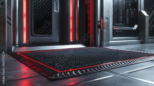 A durable outdoor mat with a non-slip backing positioned in front of a futuristic electronic door system