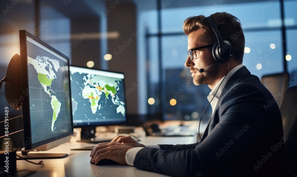 Customer Service Excellence in Action: Call Center Agent Assisting Customer, Professional Office Scene Customer Service Excellence in Action: Call Center Agent Assisting Customer, Professional Office Scene