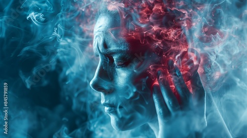 Woman suffering from headache by red smoke around head, surreal conceptual sad blue