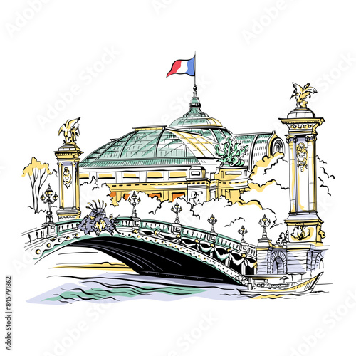 Grand Palais and Pont Alexandre III in Paris, France, featuring glass roof and sculptures