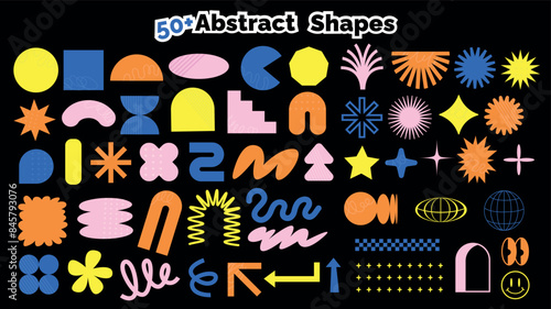 collection neo brutalism shapes retro futuristic elements for design. Vector illustrations of abstract graphic geometric symbols and objects for notes, posters, banners, stickers, illustration.
