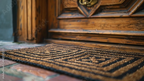A high-quality coir mat featuring a geometric design placed in front of a wooden door with a brass handle