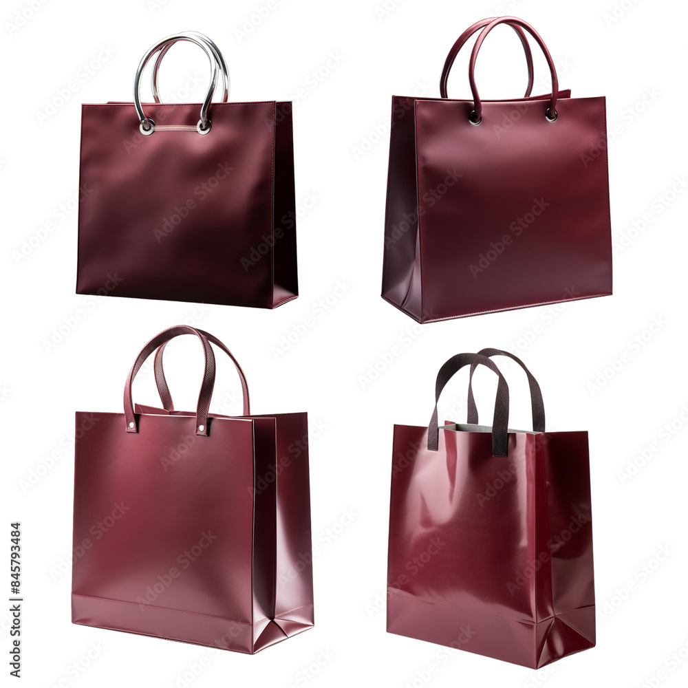 Four red shopping bags with handles, isolated on a black background. The bags are arranged in a grid pattern. Four red shopping bags with handles, isolated on a black background. The bags are arranged in a grid pattern.