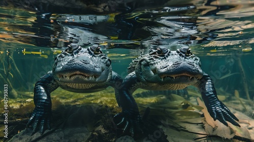 Alligator mississipiensis split over and under water photo