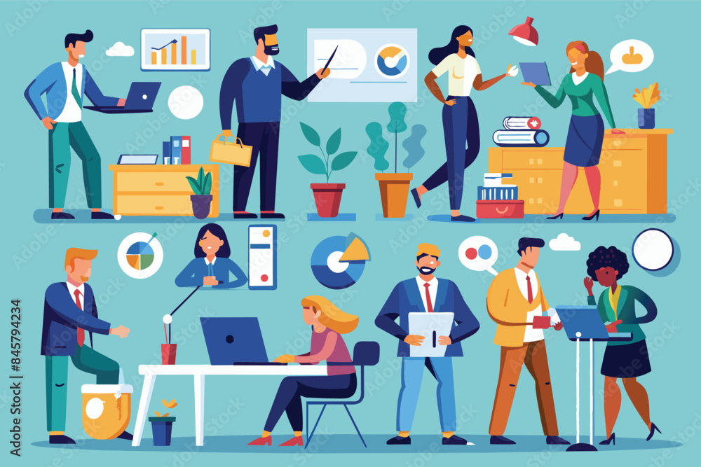 An illustration depicting a diverse group of office workers engaged in various tasks, including presenting, discussing, and working on laptops, showcasing a collaborative and dynamic work environment.