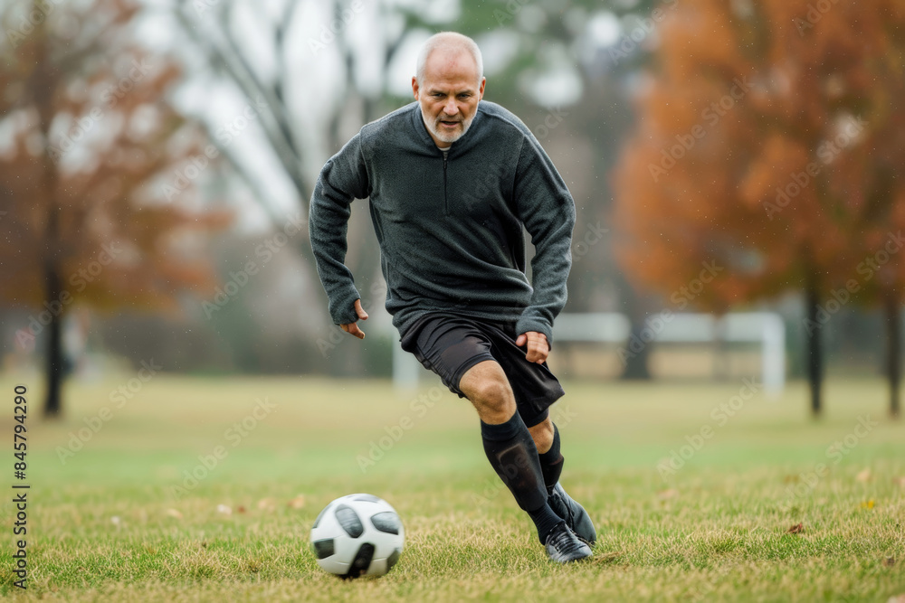 Obraz premium Mature Man Playing Soccer in a Park on a Cloudy Day