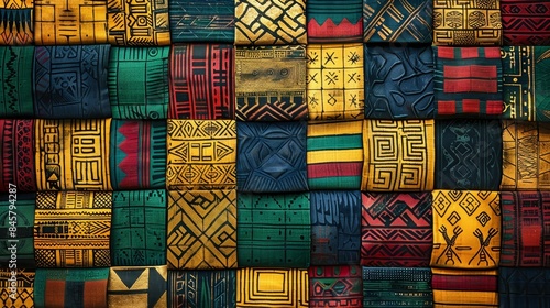 Vibrant african kente cloth  intricate multicolored pattern with geometric shapes and tribal symbols