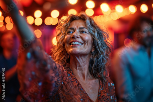 Mature Woman Joyfully Dancing at a Vibrant Club Party