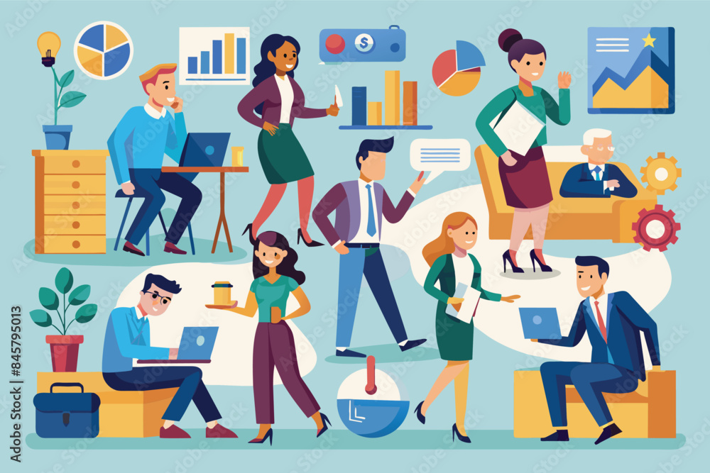 An illustration featuring a diverse group of professionals working in an office setting. They are collaborating, discussing projects, and working on their computers. An illustration featuring a diverse group of professionals working in an office setting. They are collaborating, discussing projects, and working on their computers.
