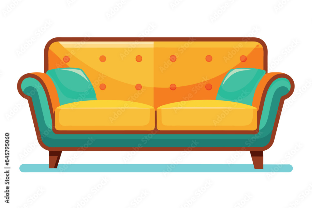 An illustration of a yellow couch with teal cushions and legs, sitting on a light blue rug. An illustration of a yellow couch with teal cushions and legs, sitting on a light blue rug.