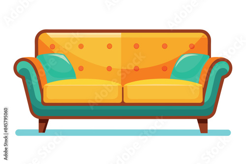 An illustration of a yellow couch with teal cushions and legs, sitting on a light blue rug.