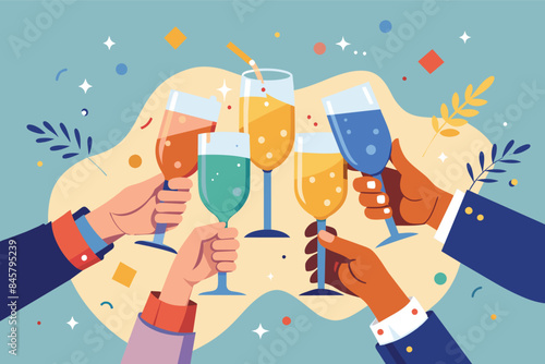 A cheerful illustration of diverse hands raising glasses of colorful drinks in a toast, symbolizing celebration, unity, and shared joy.