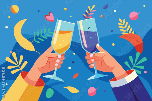 An illustration of two hands clinking champagne glasses filled with yellow and blue drinks. The background is a blue color with abstract shapes and confetti.