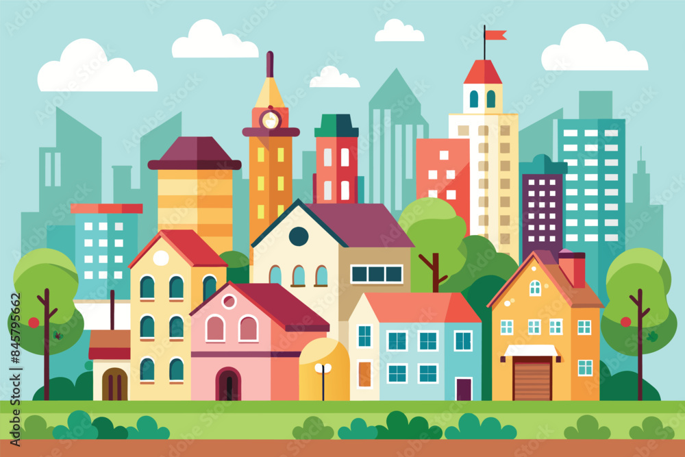 A colorful illustration of a city with modern buildings and green trees. The buildings are all different shapes and sizes, and they are arranged in a random order. A colorful illustration of a city with modern buildings and green trees. The buildings are all different shapes and sizes, and they are arranged in a random order.