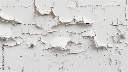 Close-up of peeling white paint on an old wall, revealing texture and decay of aged surface creating an abstract, rustic, and vintage look.