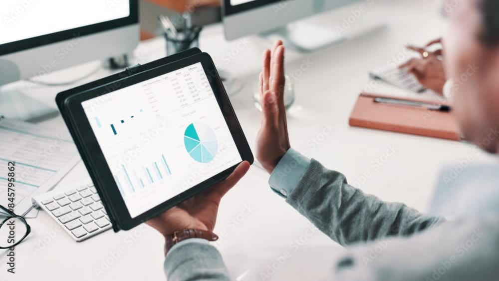 Tablet, screen and hand of businessman with graph, chart and data analytics in office for startup, profit or website traffic analysis. Digital, statistics and entrepreneur with stocks market research