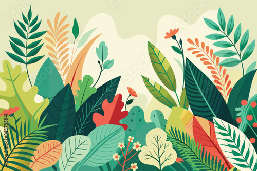 An illustration featuring a vibrant collection of green, red, and yellow tropical leaves and flowers on a light beige background.