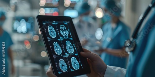 Doctor analyzing brain scans on a digital tablet in a modern hospital environment, showcasing advanced medical technology and teamwork. photo