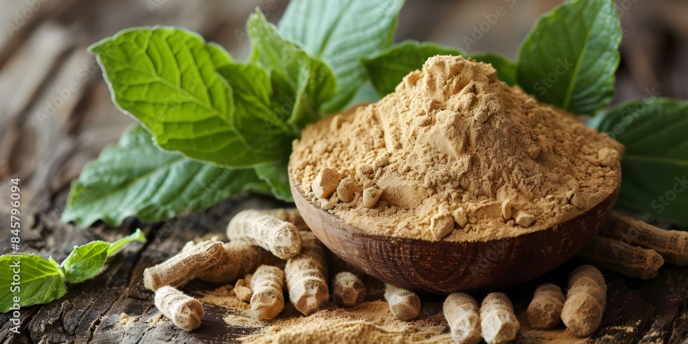 Selective Focus on Ashwagandha Plant Stem Powder with a Plain Background. Concept Ashwagandha Plant, Herbal Medicine, Plant Stem Powder, Selective Focus, Plain Background Selective Focus on Ashwagandha Plant Stem Powder with a Plain Background. Concept Ashwagandha Plant, Herbal Medicine, Plant Stem Powder, Selective Focus, Plain Background