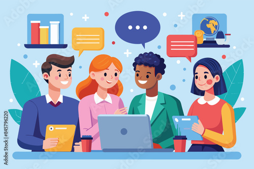 An illustration of four diverse team members working together in an office setting. They are using a laptop, tablets, and other tools to collaborate on a project.