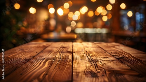 A rustic wooden table surface with warm, blurred bistro lighting in the background, creating a cozy, inviting atmosphere. photo