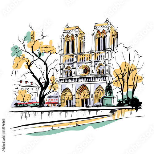 Illustration of Notre-Dame Cathedral in Paris, France, showing gothic architecture and twin towers